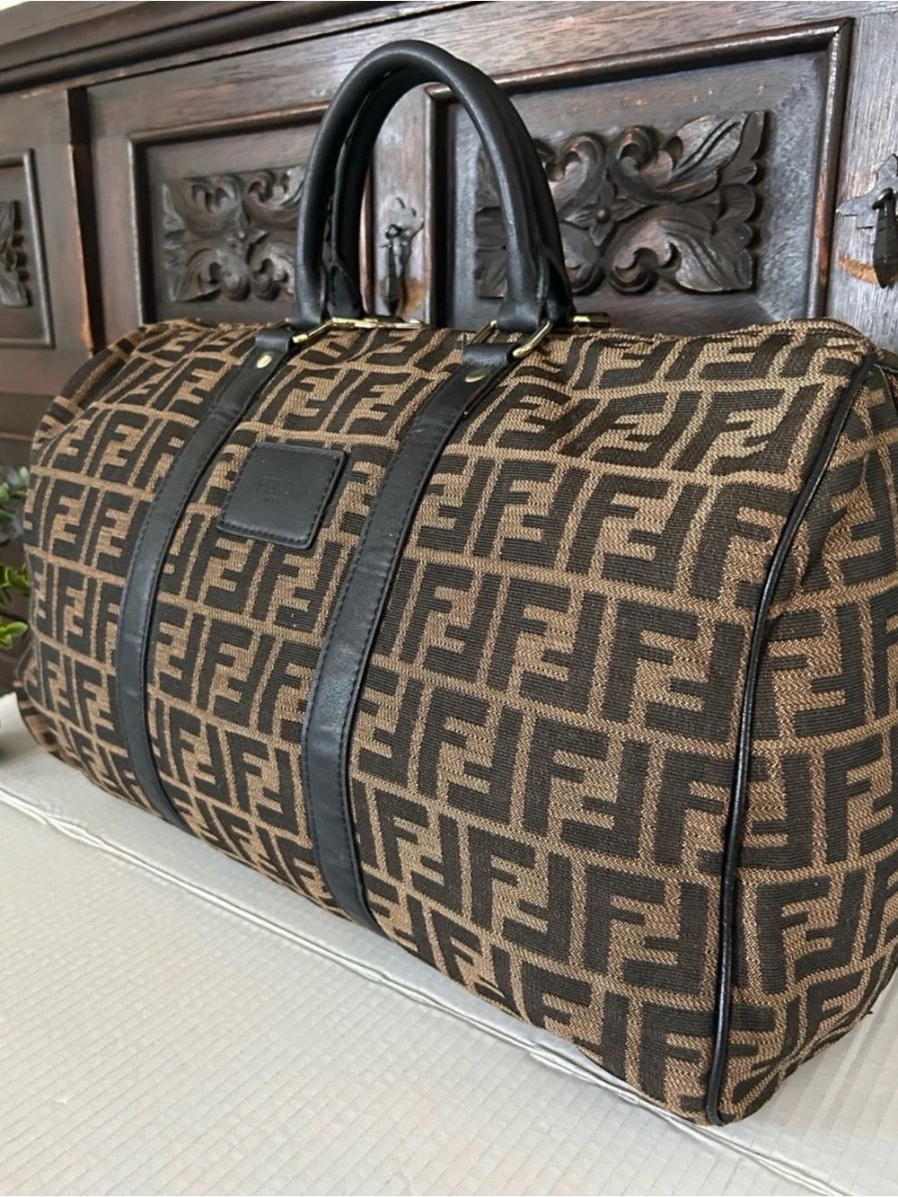 Fendi Brown Monogram Canvas Duffel with Black Trim